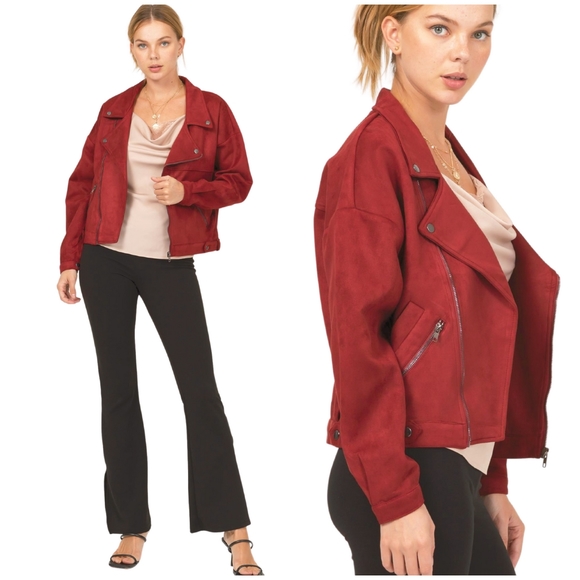 Chic Faux Suede Burgundy Moto Jacket - Picture 2 of 7